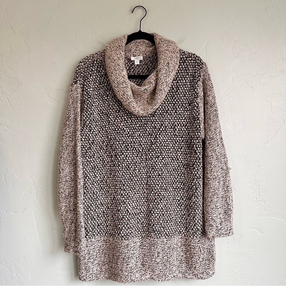 J. Jill Women Marled Cowl Neck Tunic Sweater Beige‎ Black White Large EUC